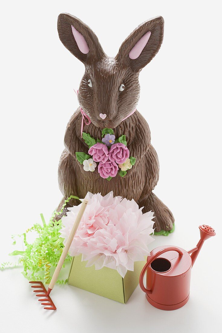 A chocolate Easter Bunny with Easter decorations