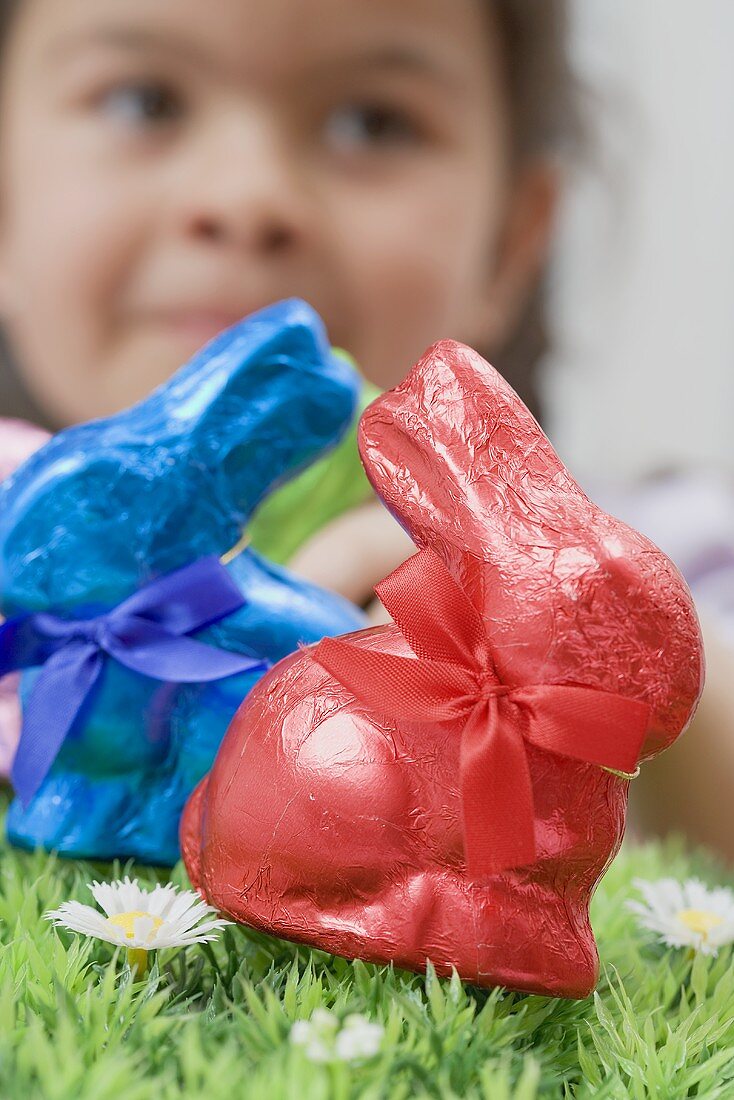 Two chocolate Easter bunnies in coloured foil in grass