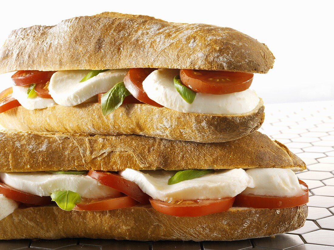 Two mozzarella and tomato baguettes