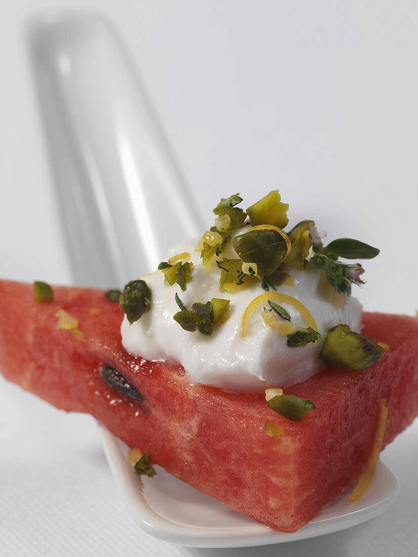 Watermelon with fresh goat's cheese