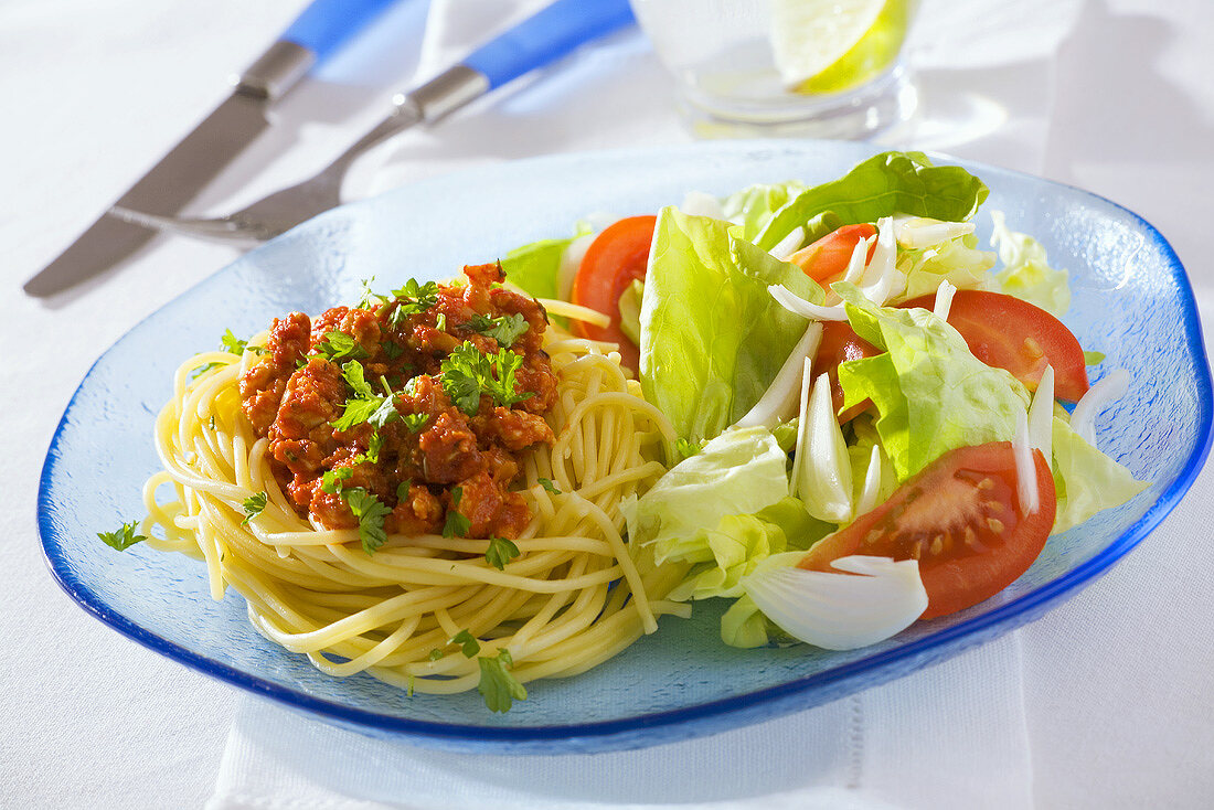 Diet lunch: spaghetti (low-fat preparation) and salad