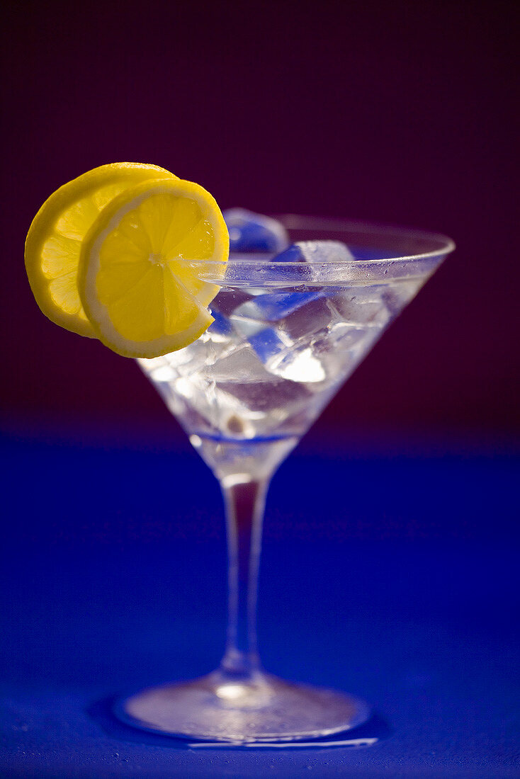 Ein Glas Martini mit Eiswürfeln und Zitronenscheiben