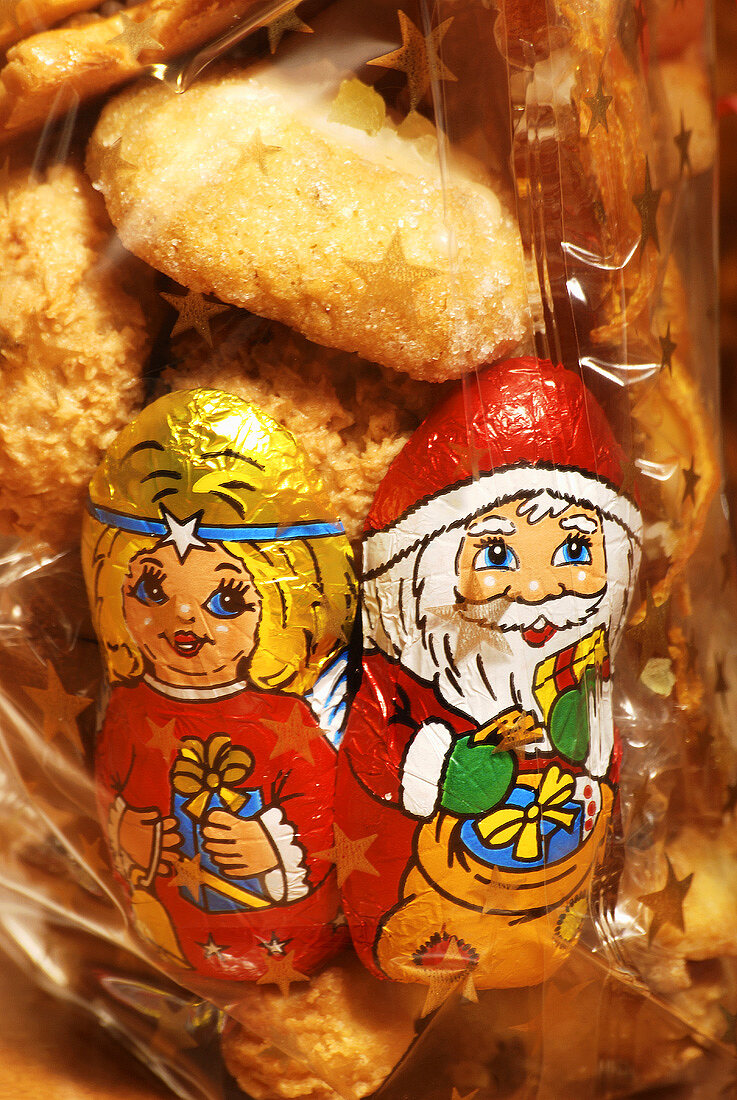 Christmas figures and cookies in starry bag