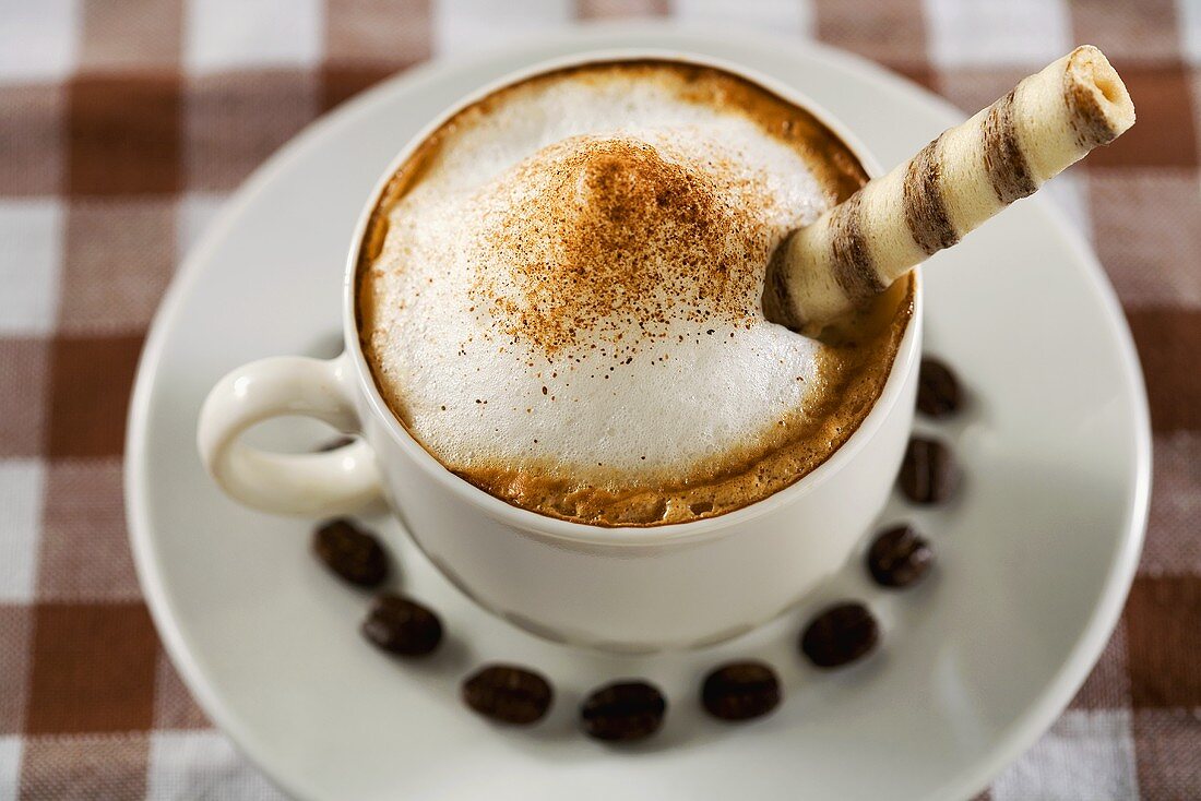 A cup of cappuccino with wafer rolls and coffee beans