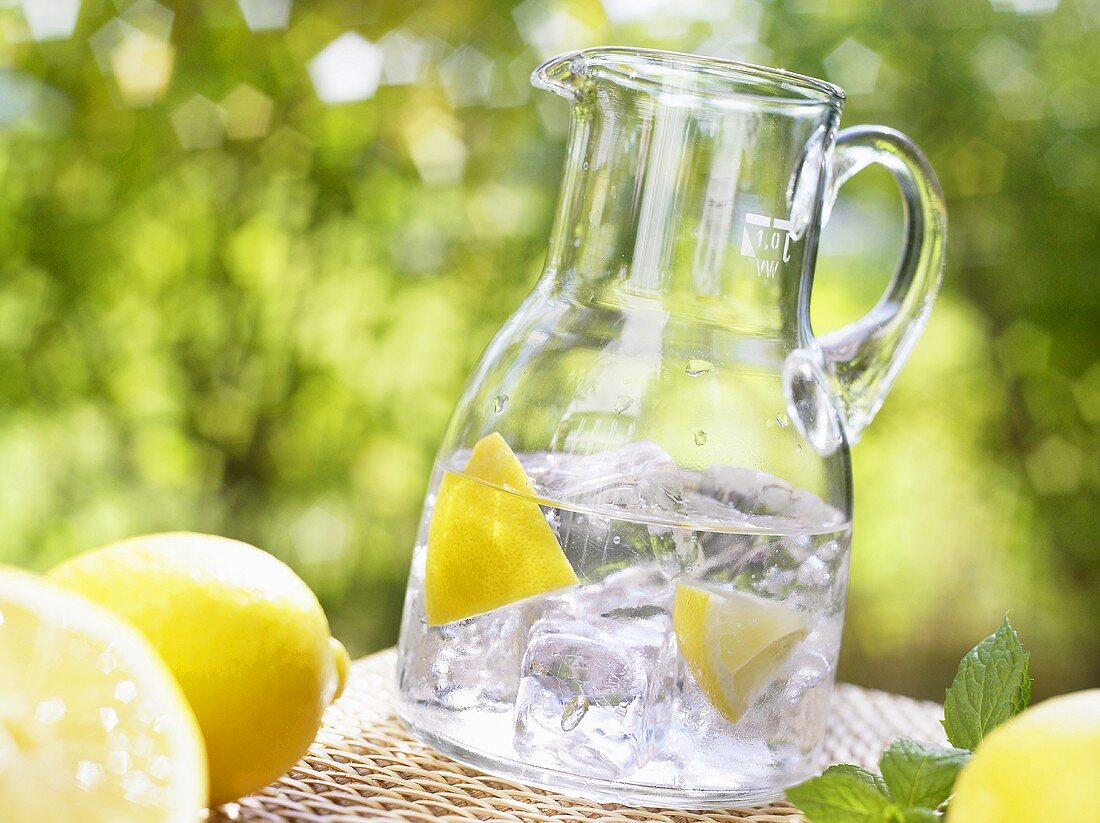 Glaskrug mit Mineralwasser, Zitronenspalten und Eiswürfeln