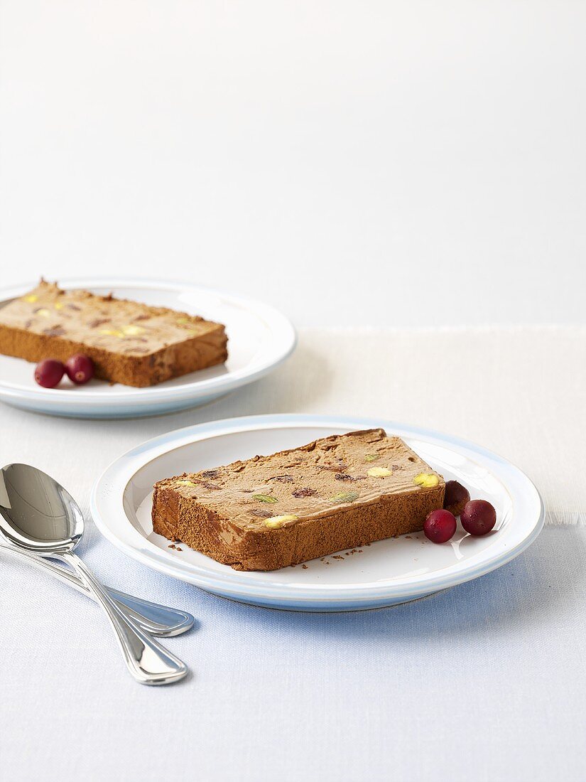 Chocolate semifreddo with cranberries and pistachios