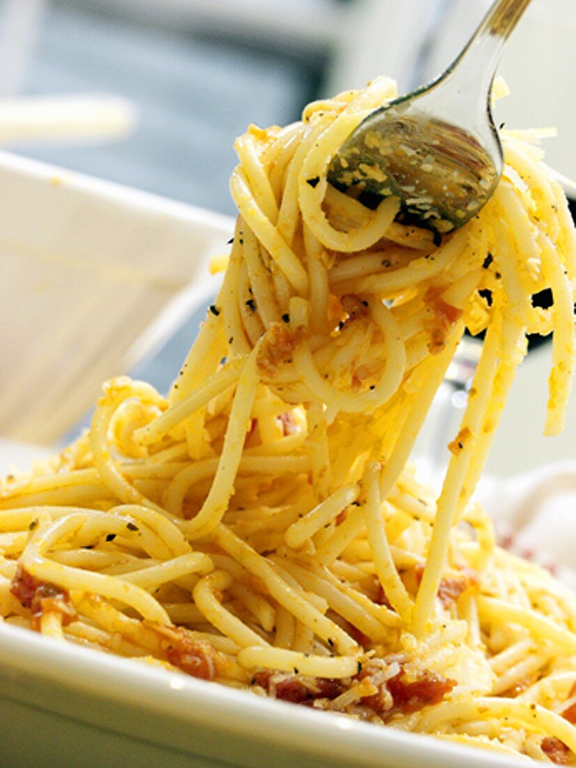 Spaghetti Bolognese auf Teller und Gabel
