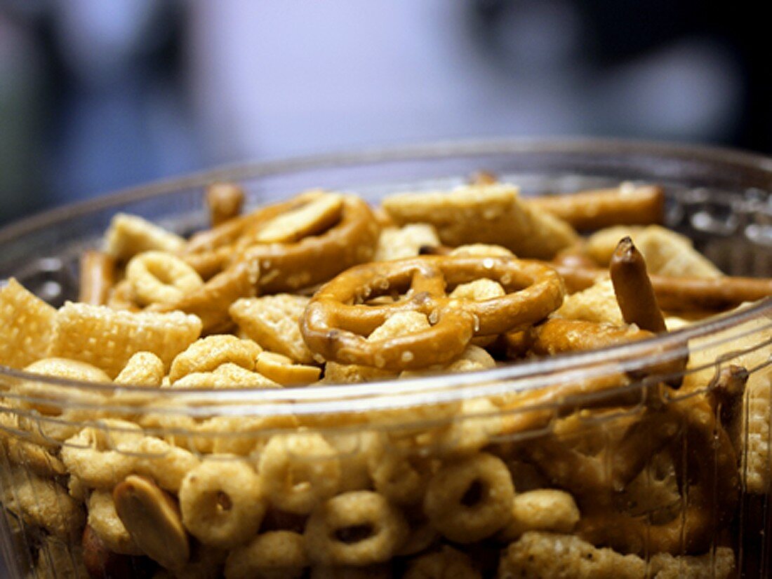 Chex Mix in a Glass Bowl