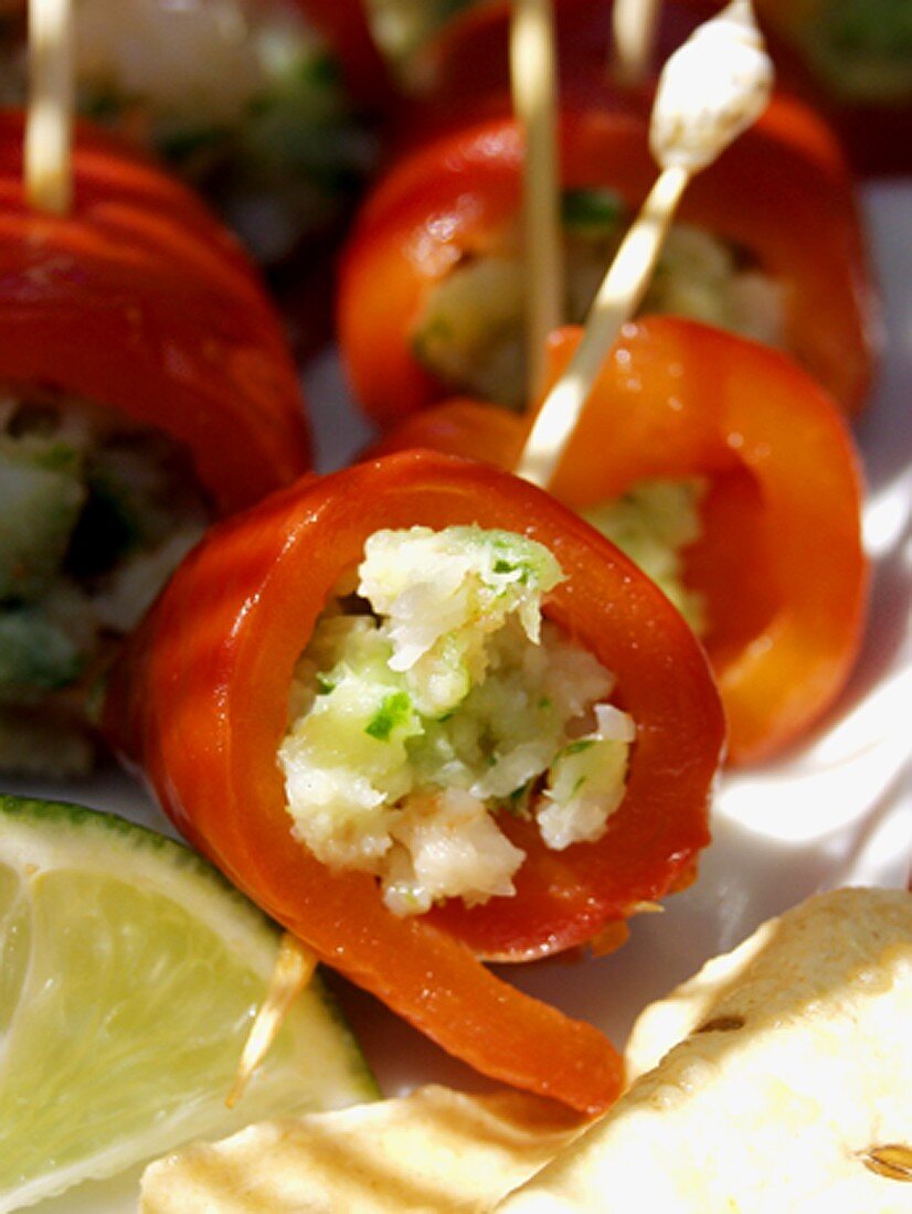 Red Bell Pepper Rolls with Shrimp and Chives