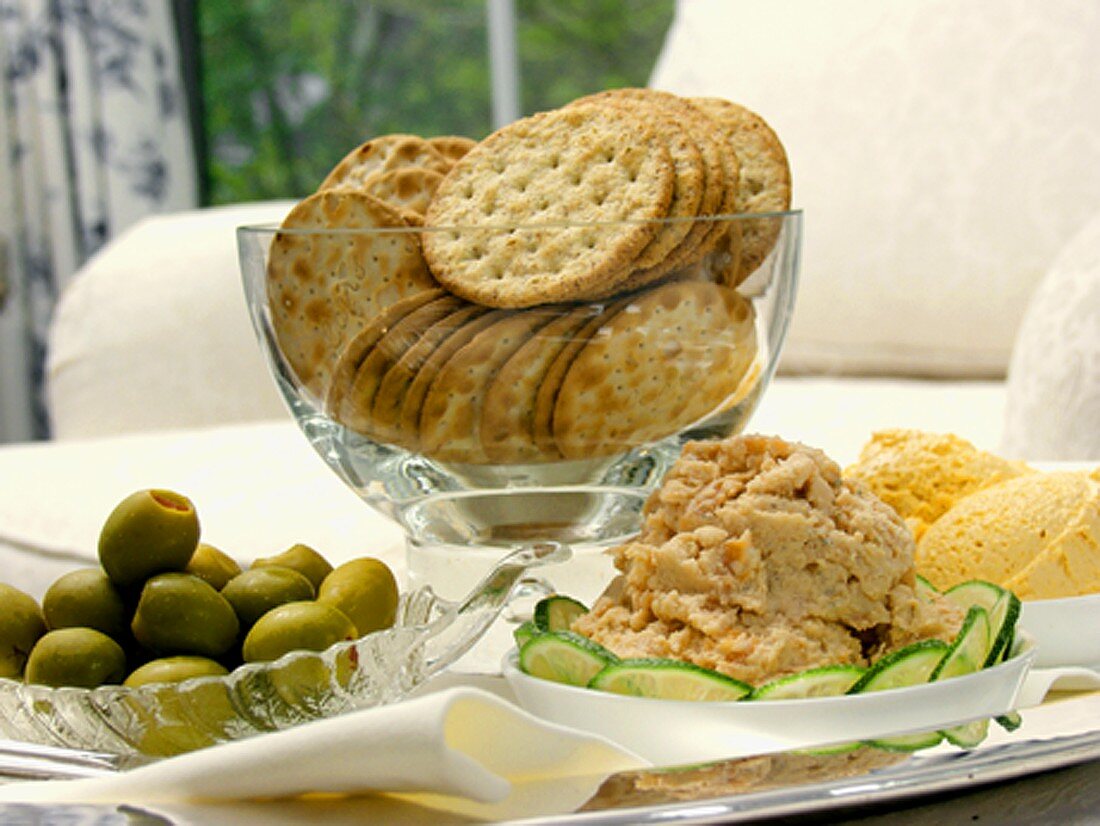 Assorted Dips with Crackers and Olives