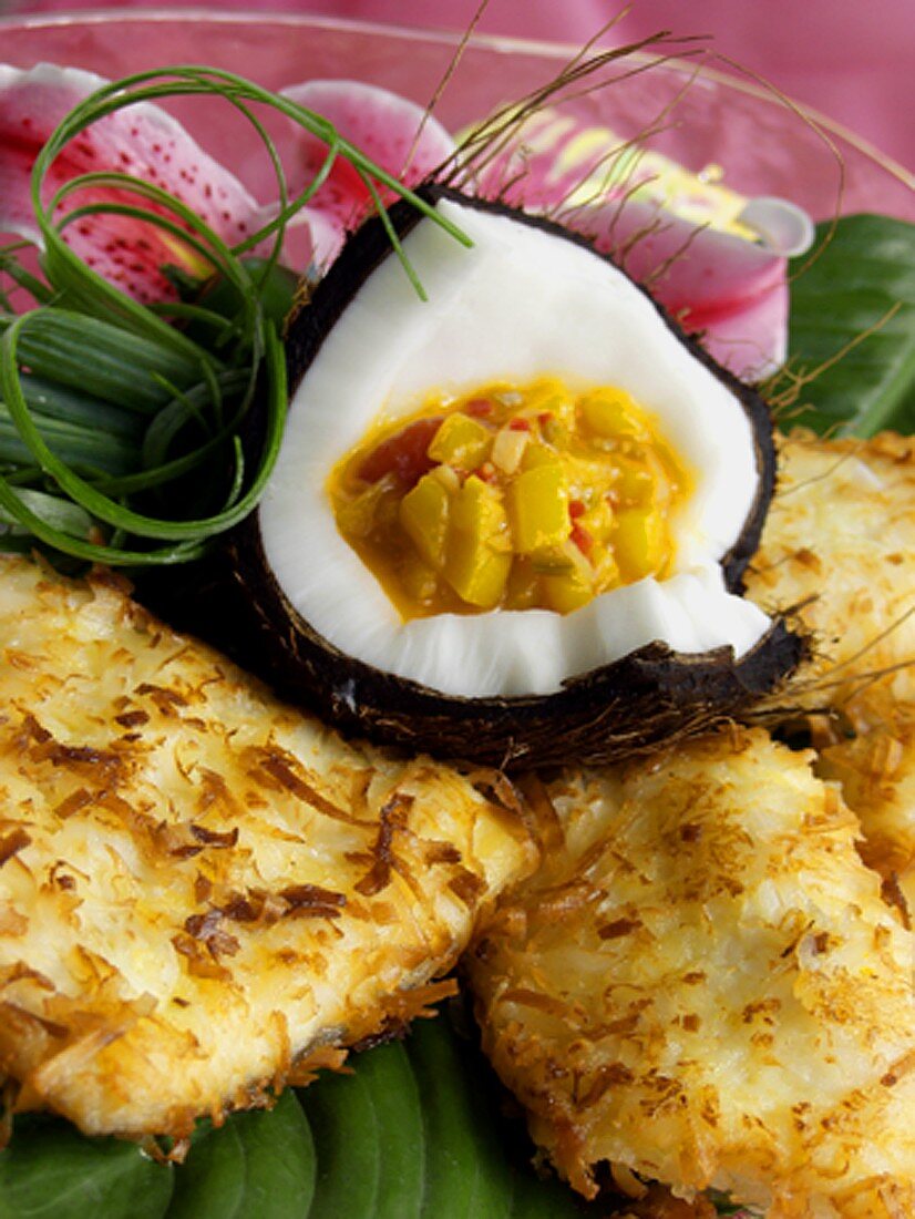 Fried Catfish with Mango Salsa in a Coconut Shell