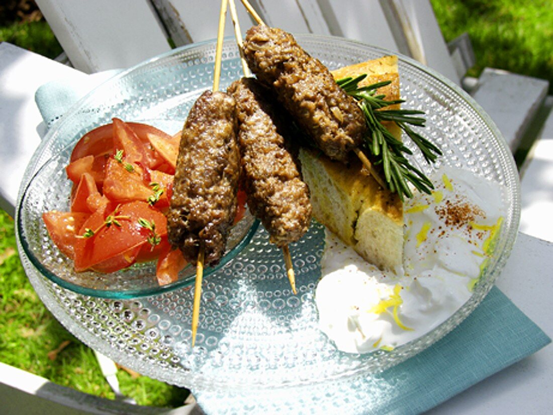 Beef Kabobs with Tomato Salad and Yogurt Sauce