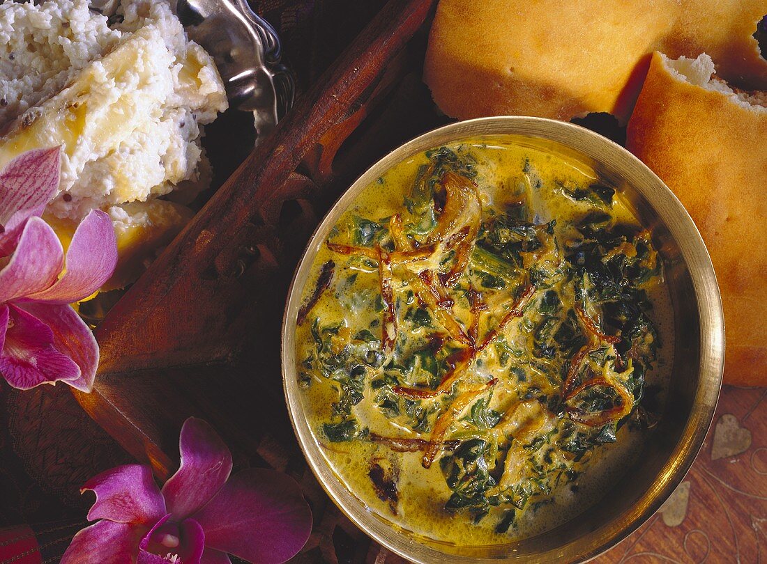 Spinach with Onions; Mughali Sag & Naan