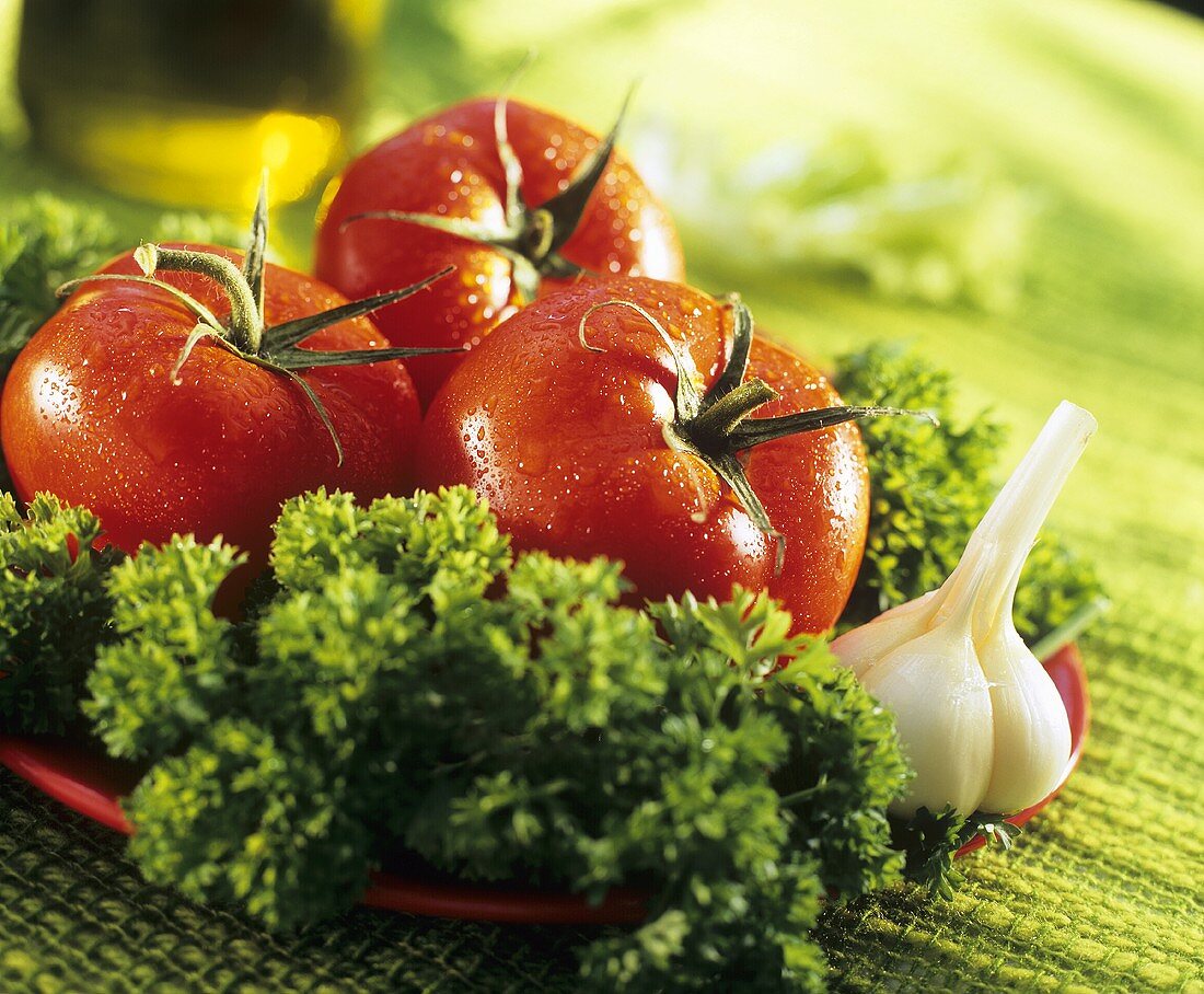 Salad ingredients: tomatoes, garlic, parsley