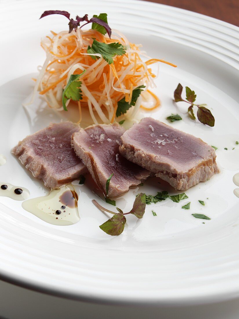 Grilled Sliced Tuna on a White Plate; Shredded Veggie Salad