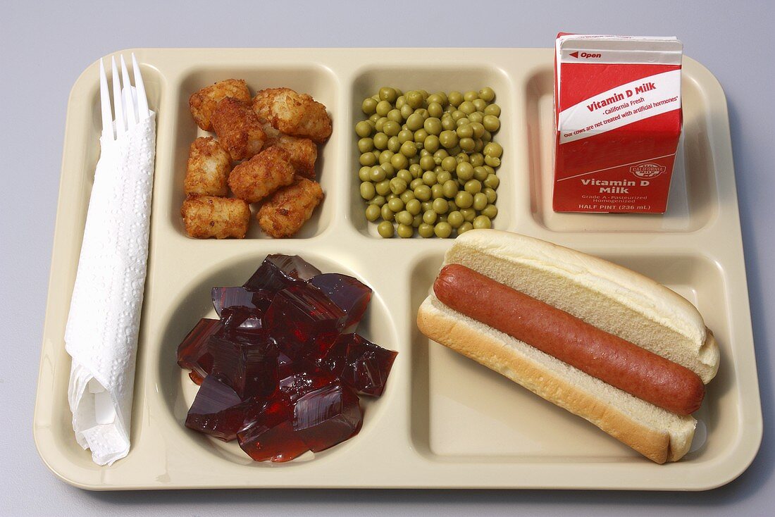 Childs School Lunch on Tray; Hot Dog