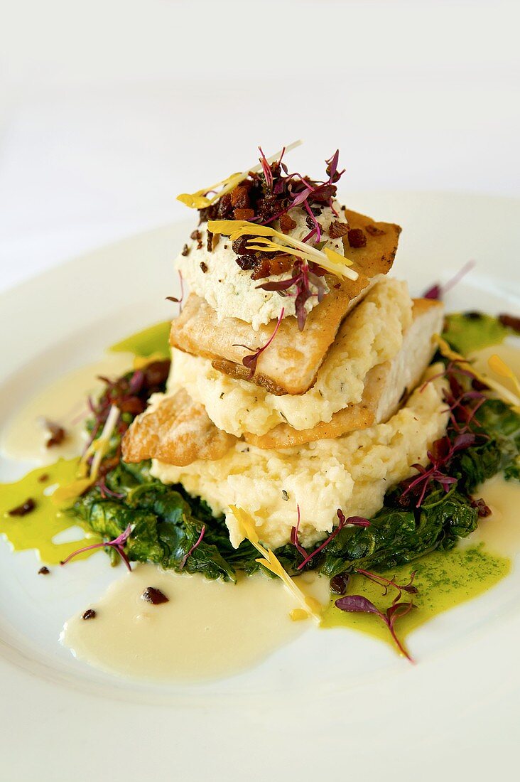 Sauteed Mahi Mahi with Kula Spinach, Pancetta, Gorgonzola Mashed Potatoes and Chardonnay Beurre Blanc