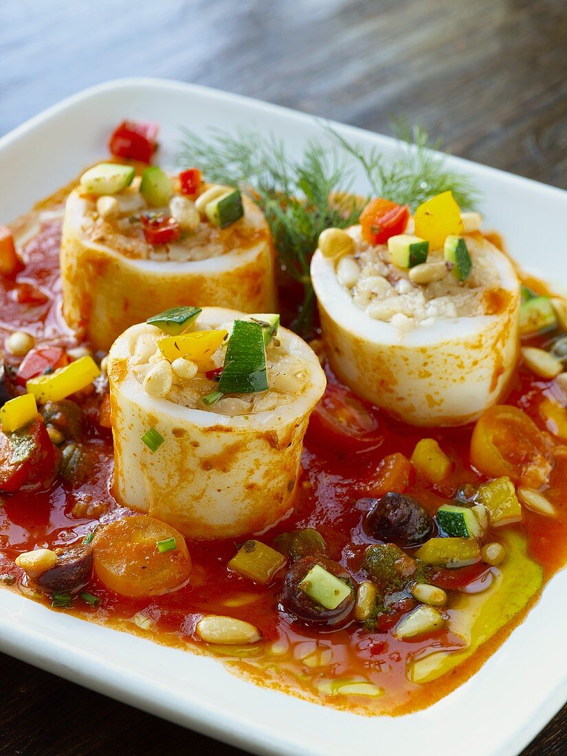 Stuffed Calamari with Vegetable and Pine Nuts in Tomato Sauce