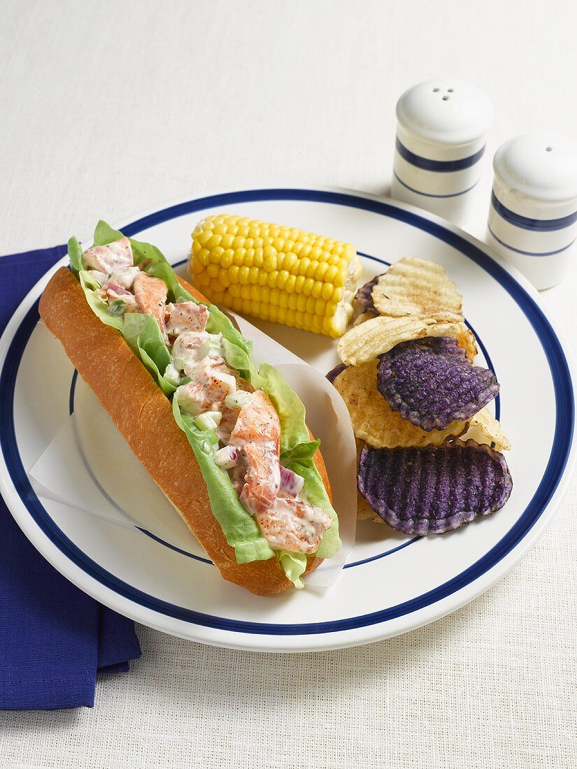 Lobster Roll with Potato Chips and Corn