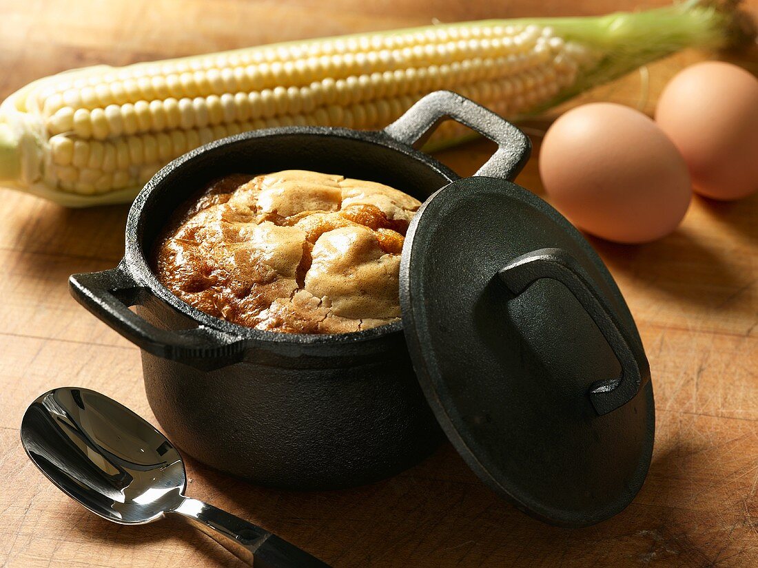 Corn Casserole in a Cast Iron Pot