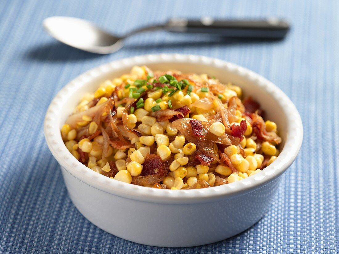 Corn Salad with Carmelized Onions, Sausage and Scallions
