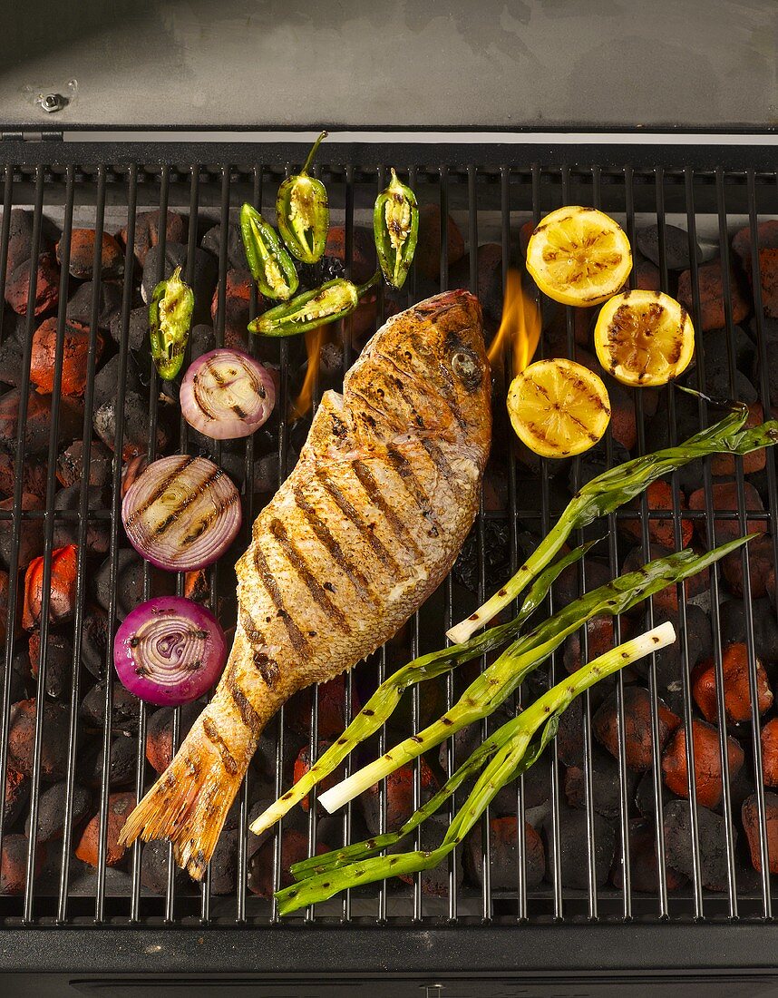 A Whole Snapper on the Grill with Lemons, Onions and Jalapenos