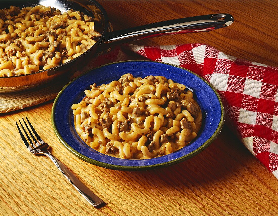 Noodles and Ground Burger Casserole in a Blue Bowl