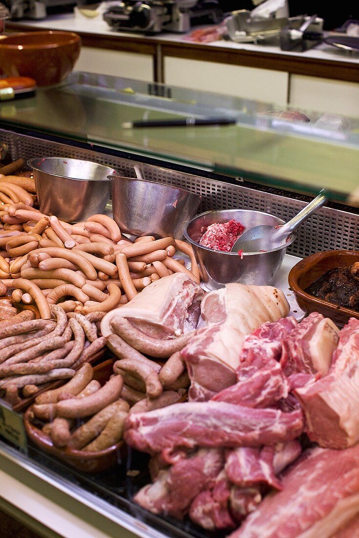 A display counter in a butcher's shop