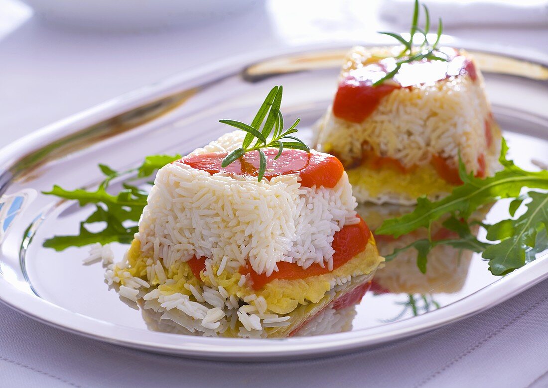 Rice timbales with fried peppers, rosemary and rocket