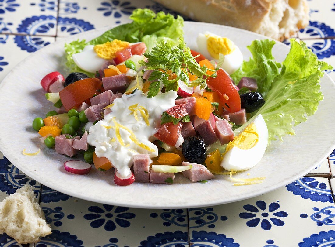 Ham salad with egg and yogurt dressing