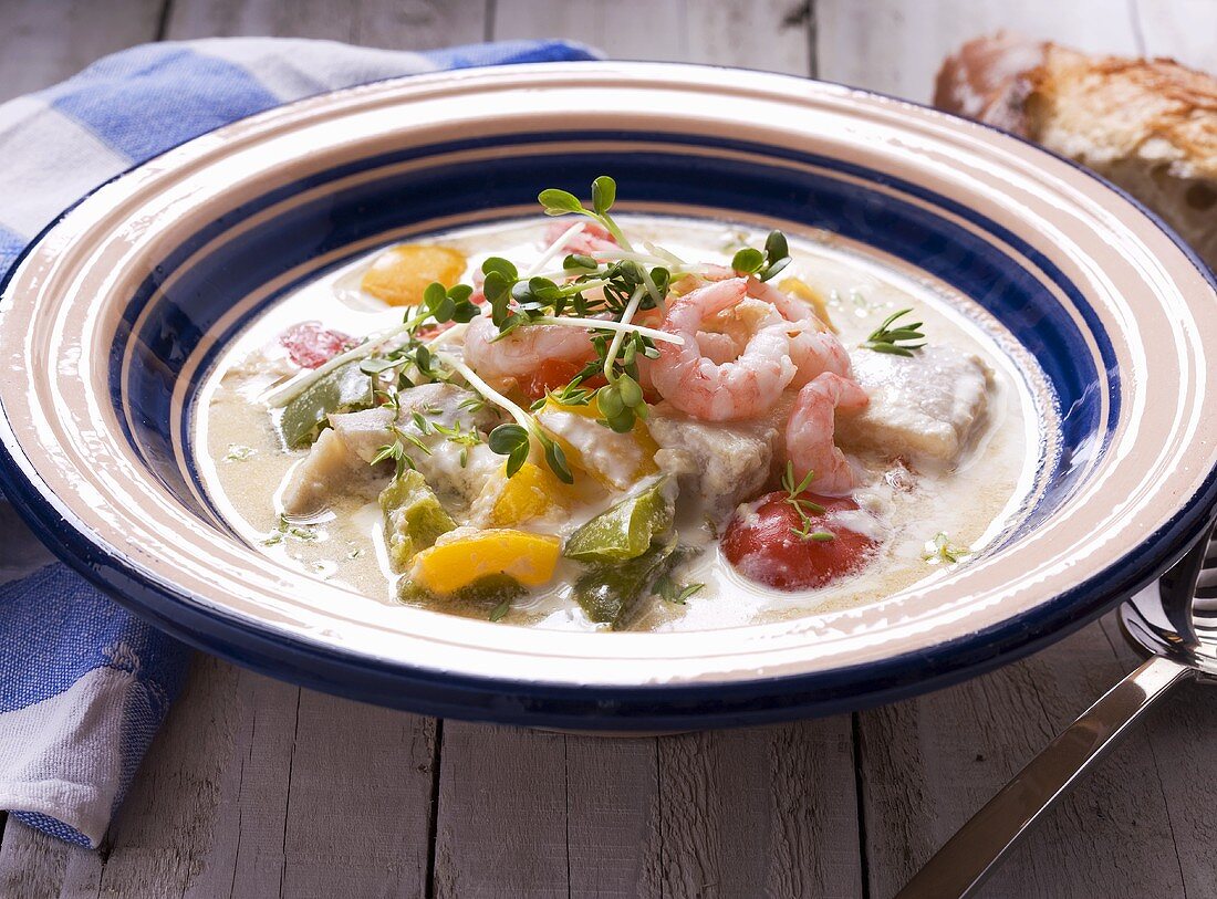 Fischsuppe mit Garnelen und Paprikaschoten