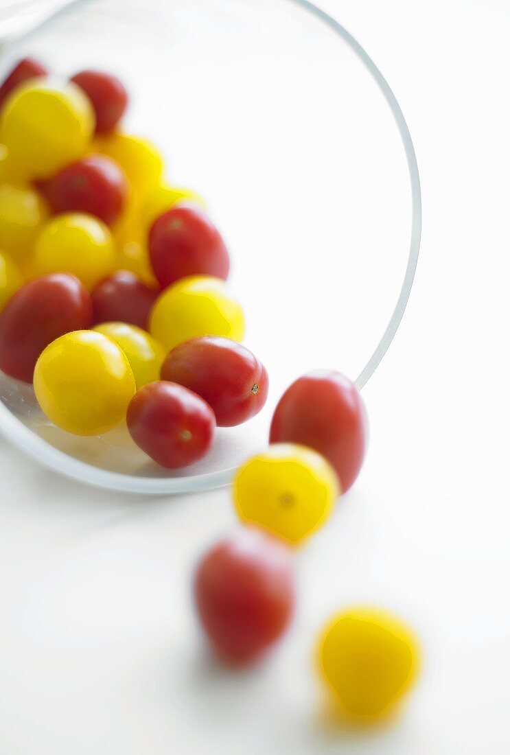 Red and yellow cherry tomatoes falling out of a glass