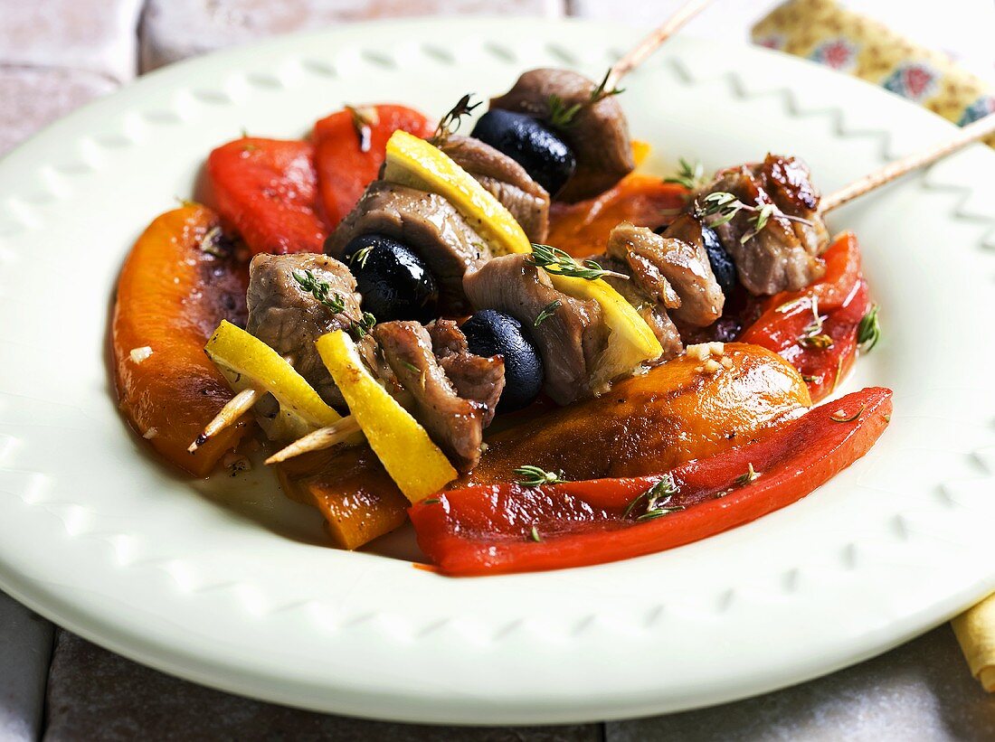 Lamb kebabs with grilled peppers