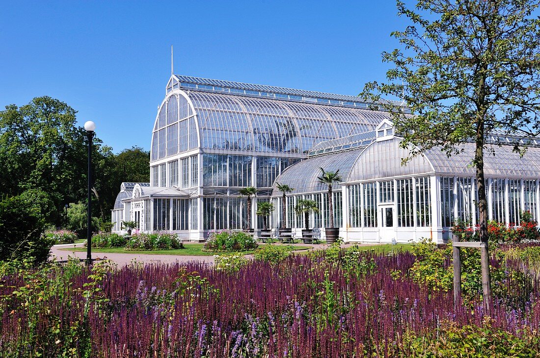 A large greenhouse in a park