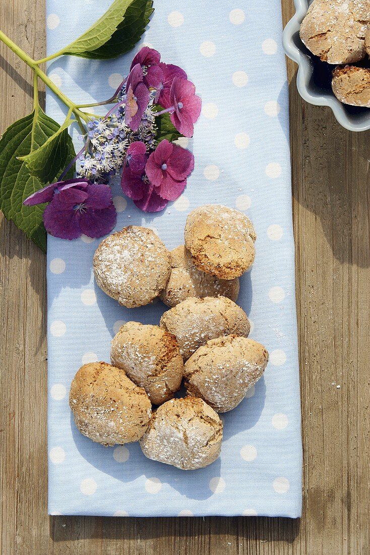Almond biscuits and hortensia flowers