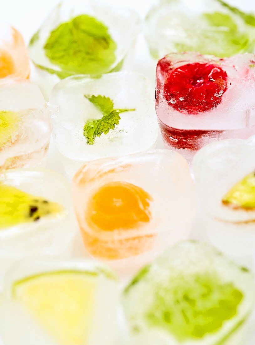 Fruits and herbs in ice cubes