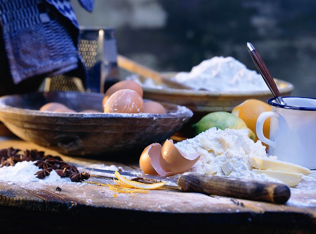 Baking Ingredients on a Wooden Table