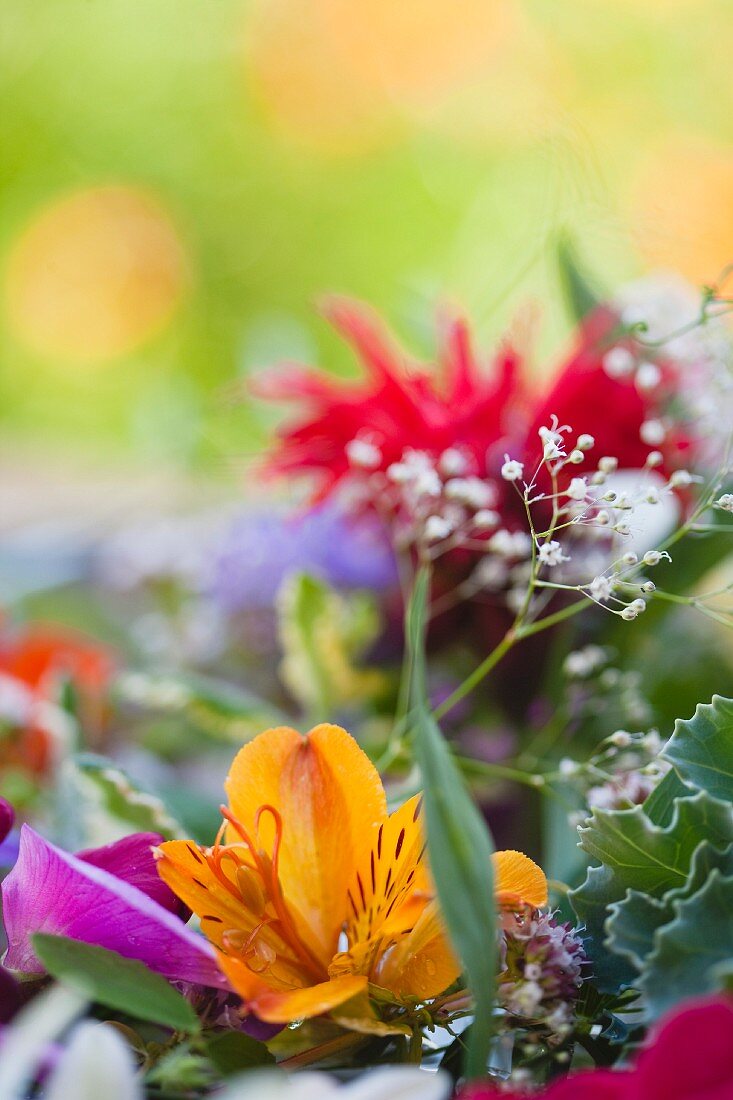 Bunter Sommerblumenstrauss mit Lilien und Schleierkraut