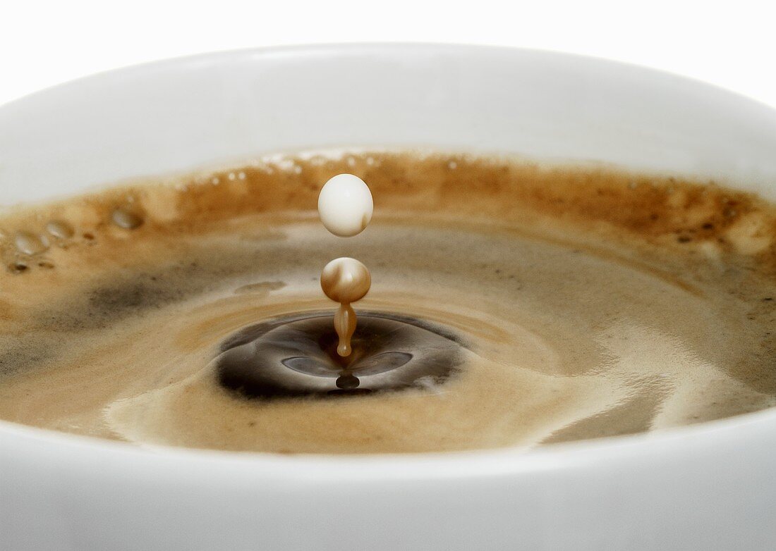 Milch tropft in Kaffee (Nahaufnahme)