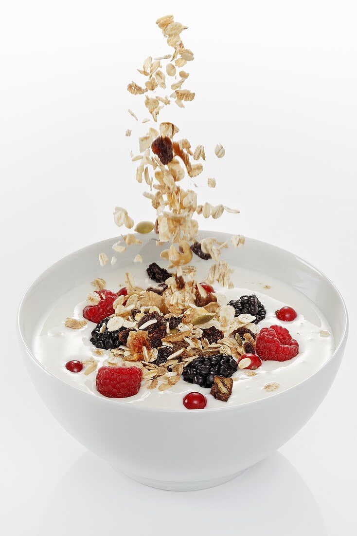 Cereals falling into yogurt muesli with berries