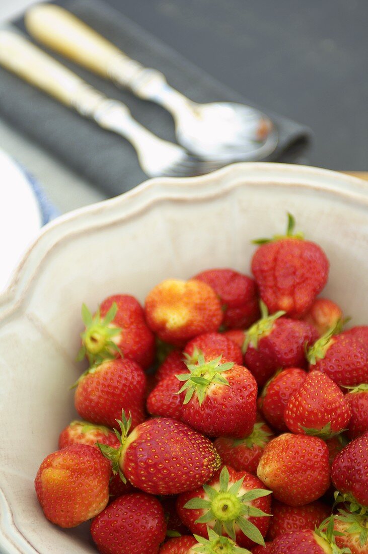 Fresh strawberries in a ceramic bowl