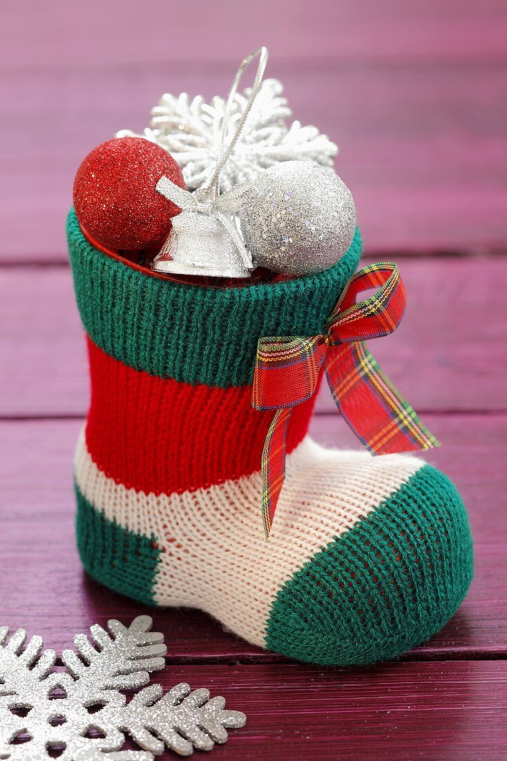 A Christmas stocking with decorations