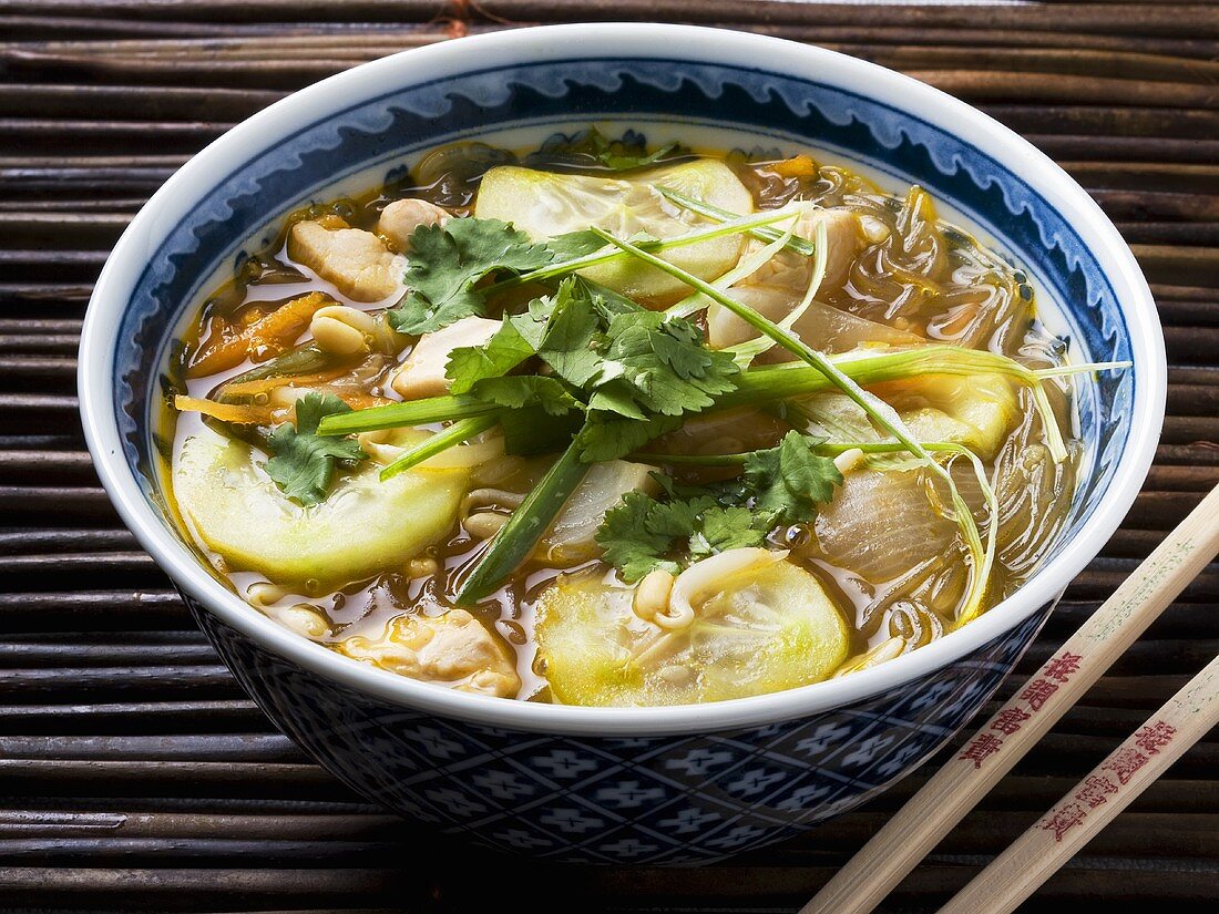 Nudelsuppe mit Hähnchen und Gurke (China)