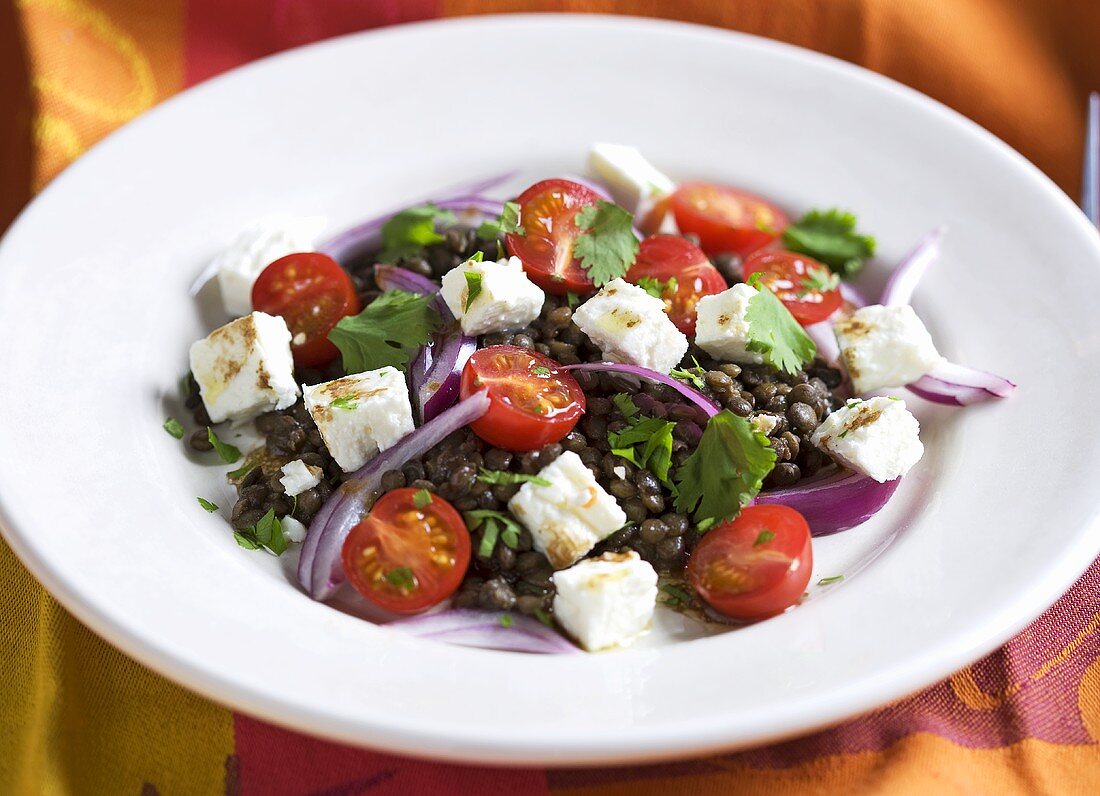 Linsensalat mit Schafskäse, Tomaten und Zwiebeln