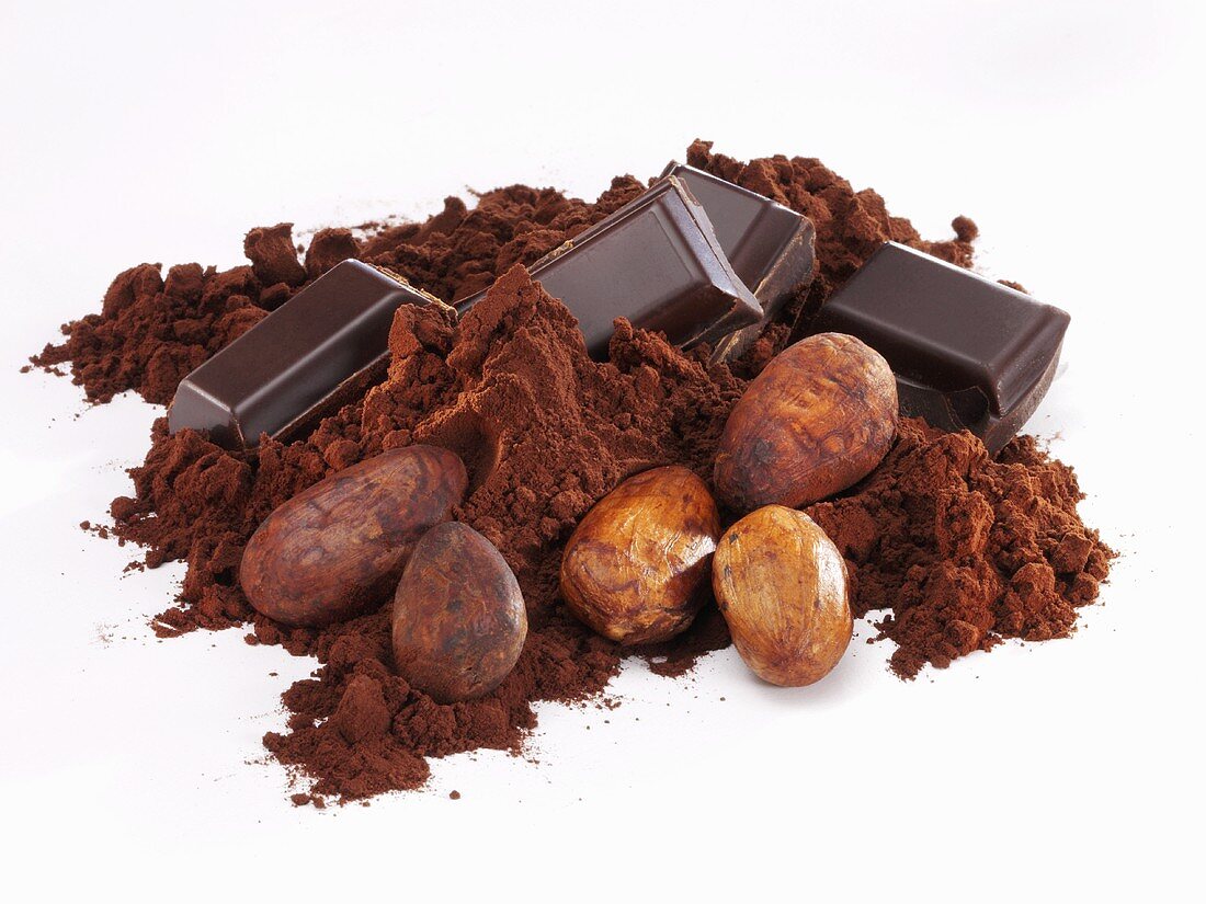 Schokoladenstücke, Kakaopulver und Kakaobohnen