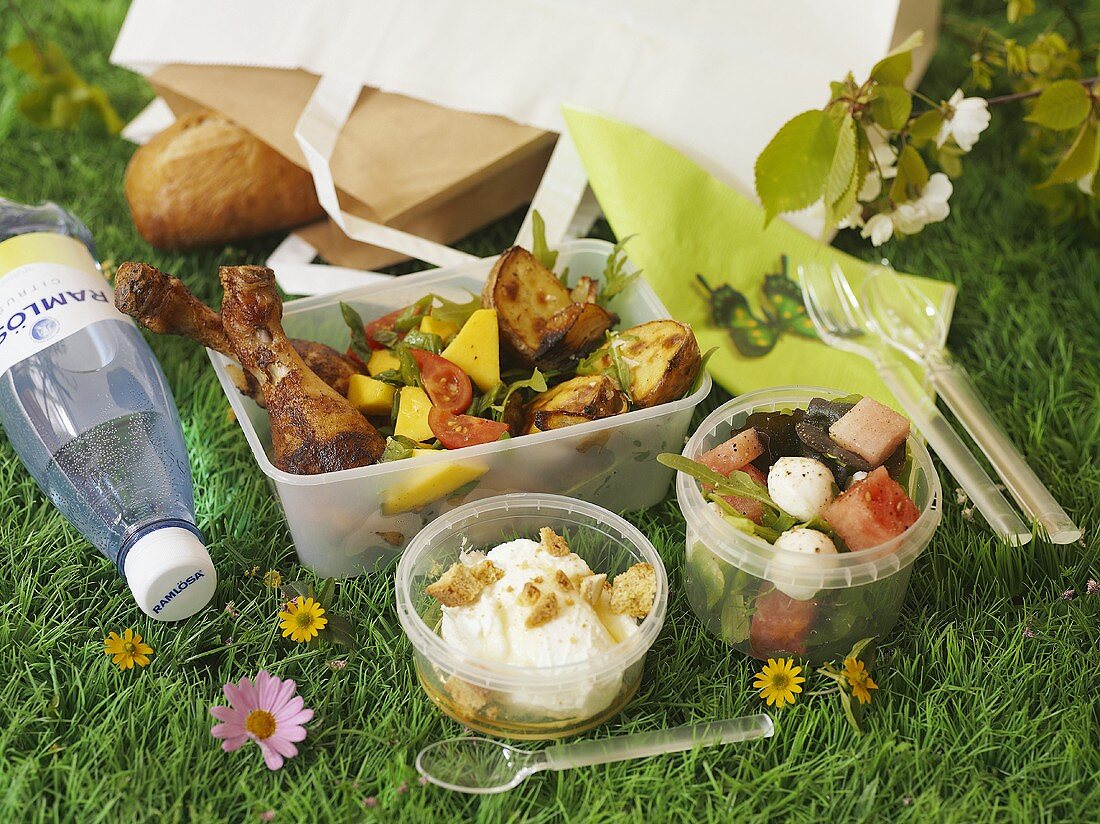 A picnic with chicken and salad on a field