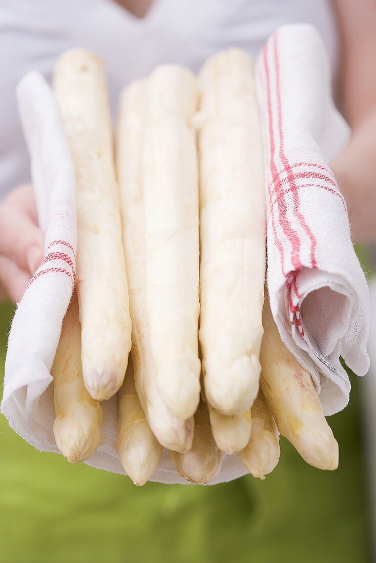 A woman holding white asparagus in a tea towel