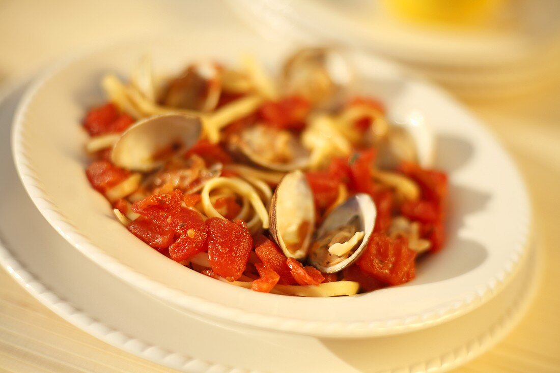 Clams and Fettuccini with Italian Tomato Sauce