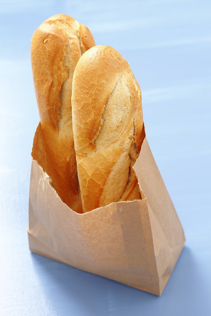 Two baguettes in a paper bag