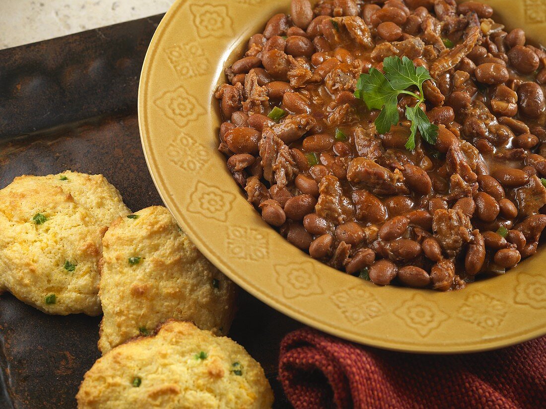 Brisket Baked Beans with Green Chili Cornbread Biscuits